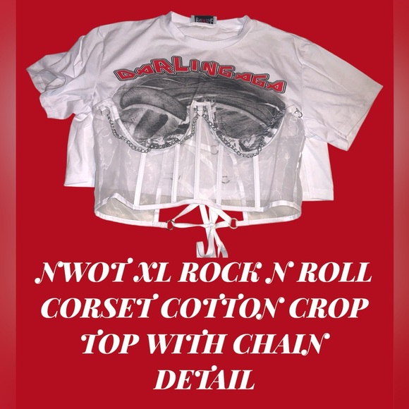 NWOT XL cropped cotton tee with mesh corset and chain detail on front lace up - Picture 2 of 5